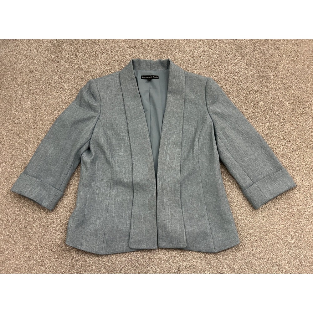 Preston & York Blazer Womens 10 Grey Excellent Open Front 3/4 Sleeve Cuffed